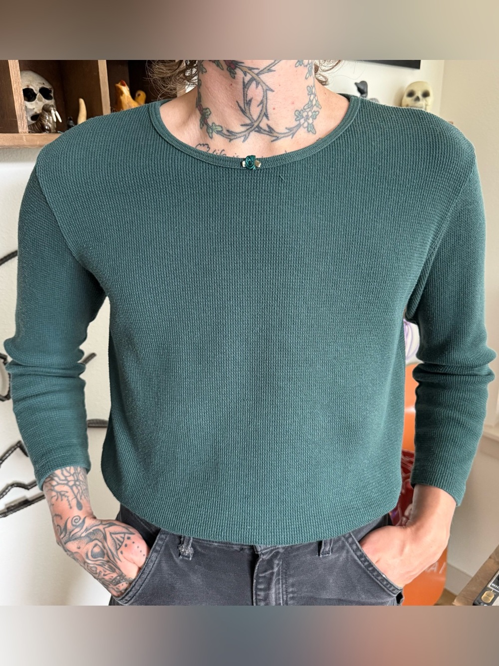 Vintage 90s Y2K Green Waffle Thermal ~ Size Medium